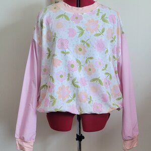 Handmade cotton cropped pink floral crew neck